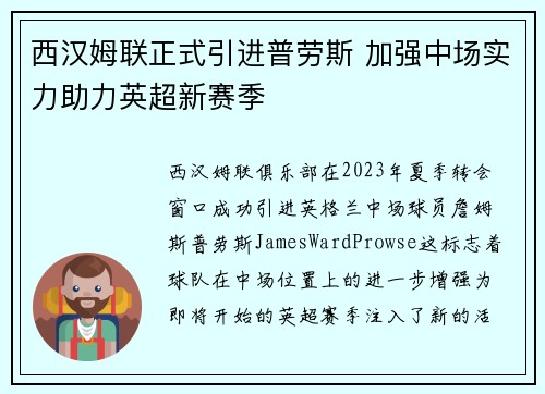 西汉姆联正式引进普劳斯 加强中场实力助力英超新赛季 西汉姆联正式引进普劳斯 加强中场实力助力英超新赛季